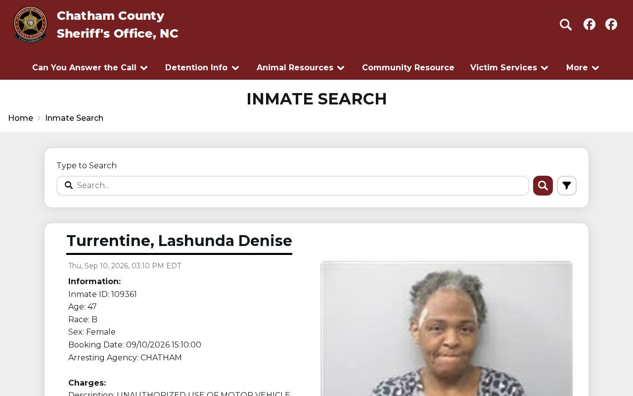 Chatham County Sheriff current inmate search interface