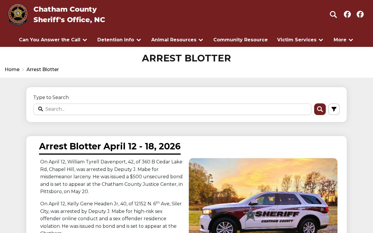 Chatham County weekly arrest log on the Sheriff blotter