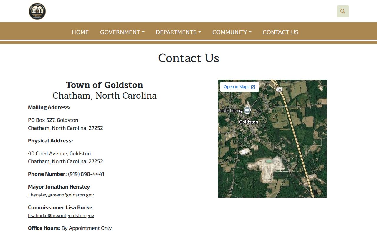 Goldston town contact page for routing arrest record questions