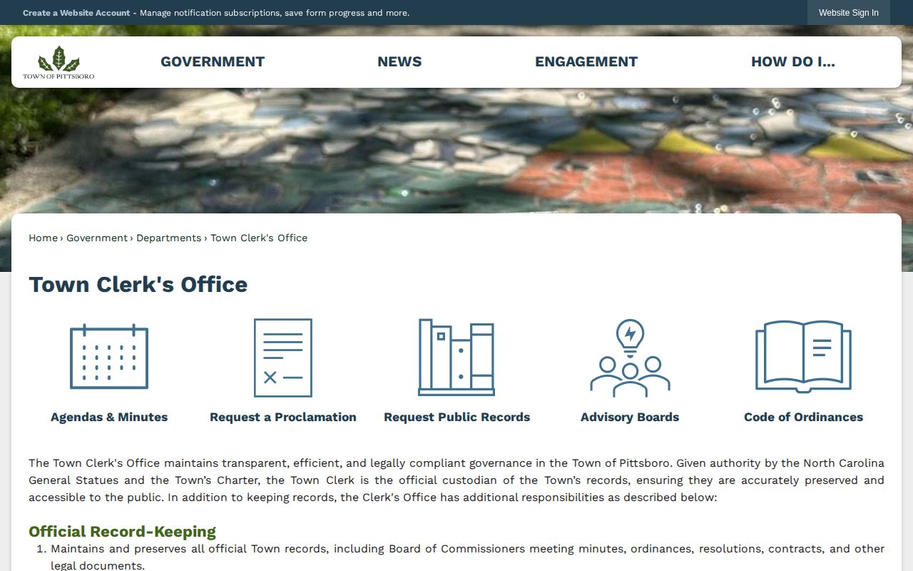 Pittsboro Town Clerk public records request page for arrest-related records